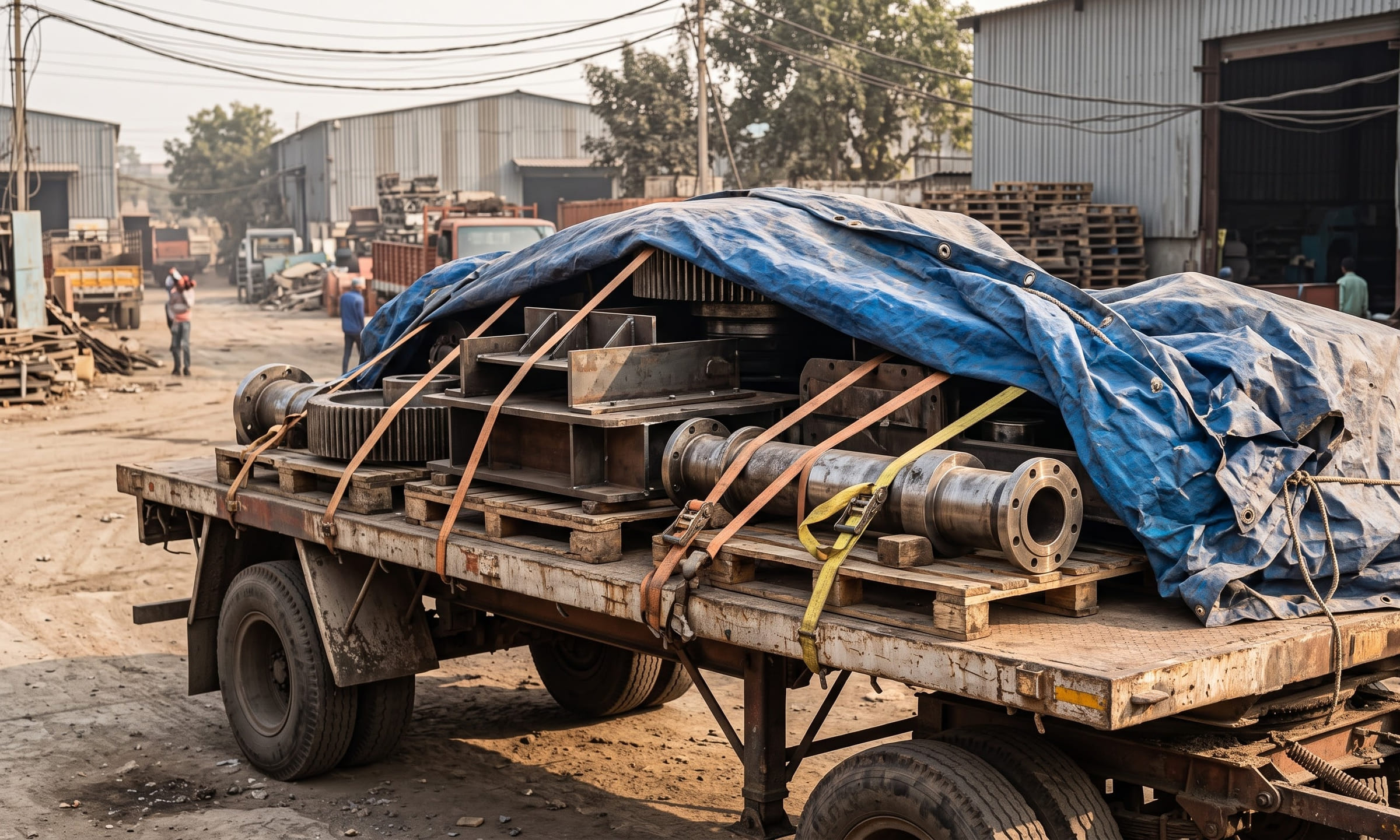 Steel machine parts strapped onto wooden pallets on a flatbed trailer, with a blue tarpaulin half pulled back in an industrial yard.