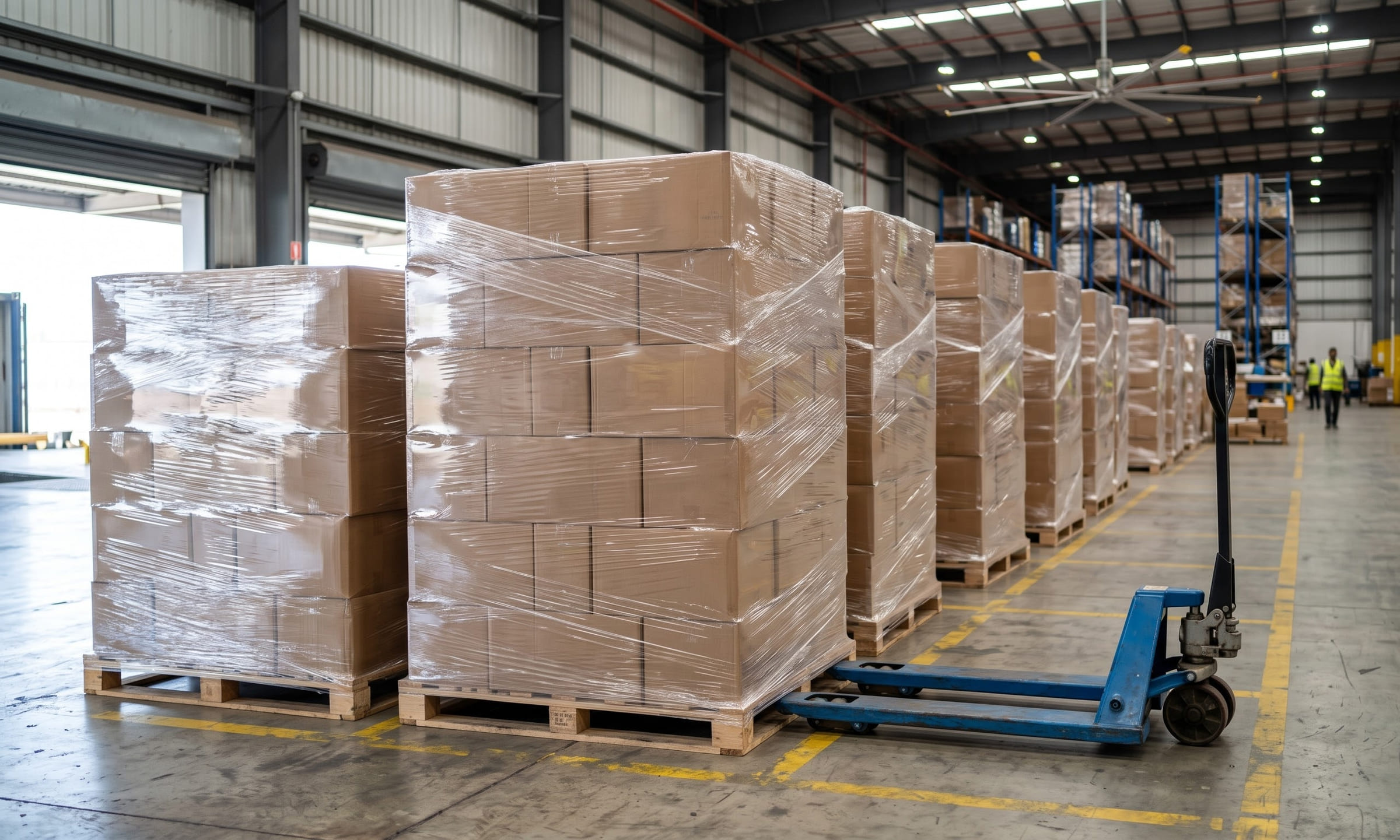 Shrink-wrapped pallets of plain brown cartons waiting in a distribution centre staging lane, with a blue pallet jack alongside.