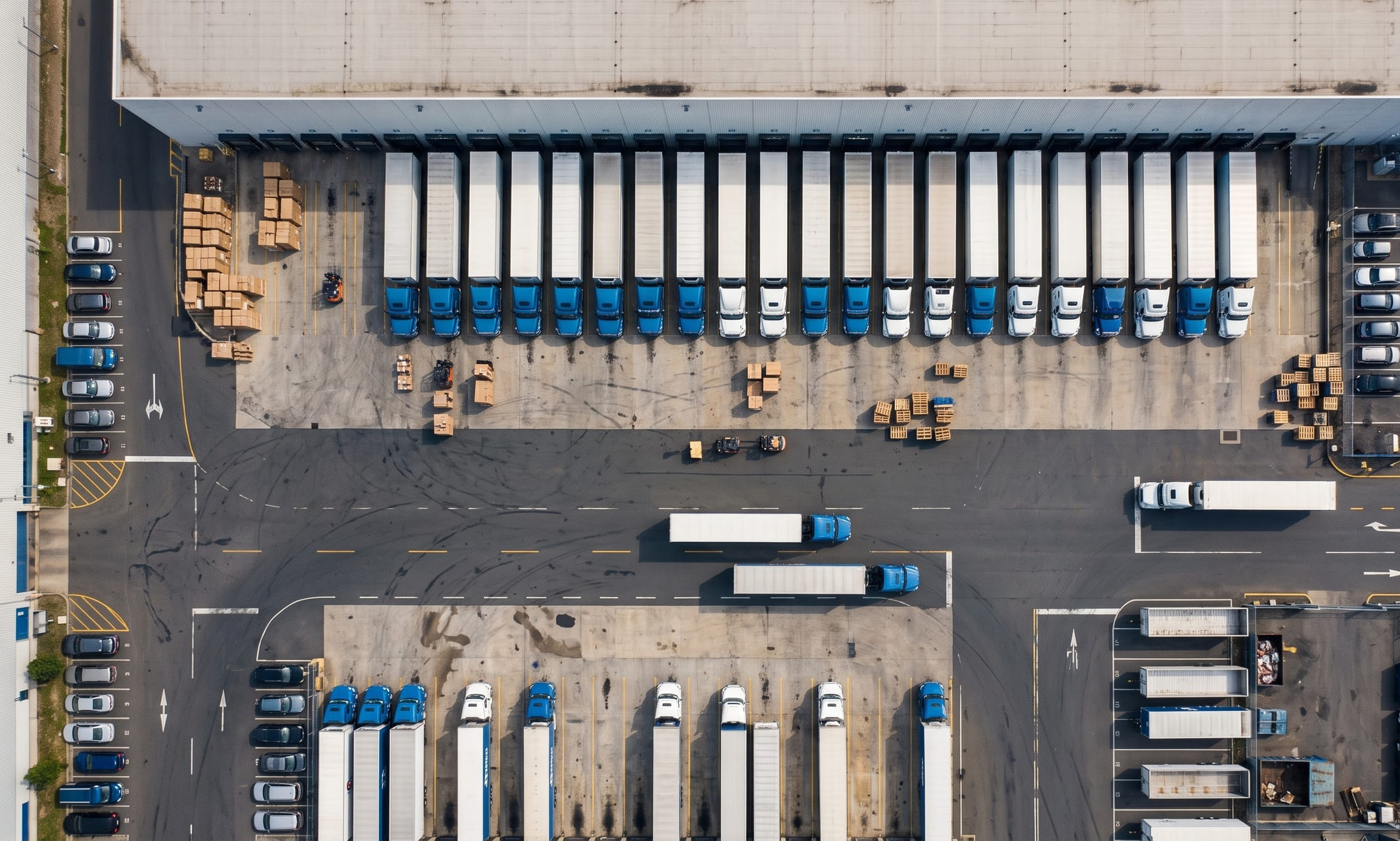 A top-down view of a truck loading yard, with rows of blue and white trucks at loading bays and cartons on pallets.