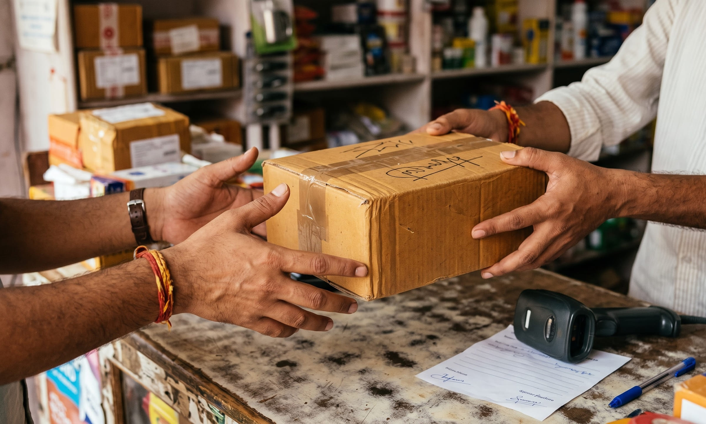 One pair of hands passing a sealed carton to another across a shop counter, with a handheld scanner and a signed slip beside them.