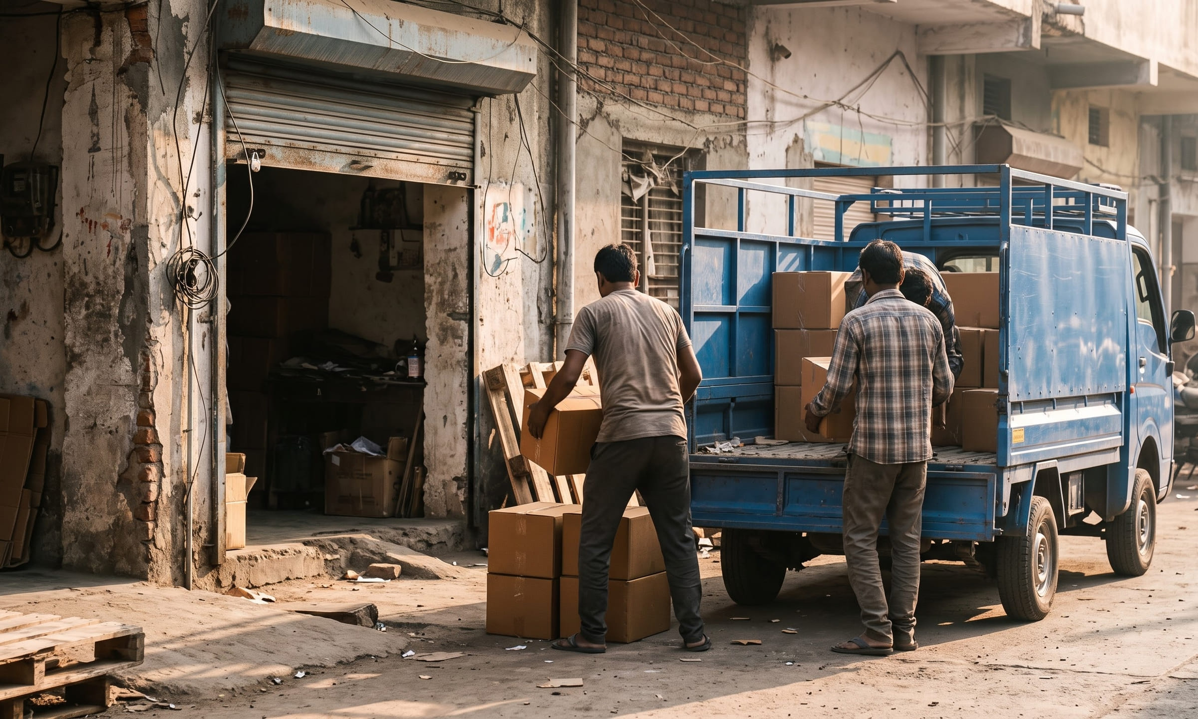 Workers seen from behind lifting cartons into a blue light commercial truck outside a warehouse shutter in morning light.
