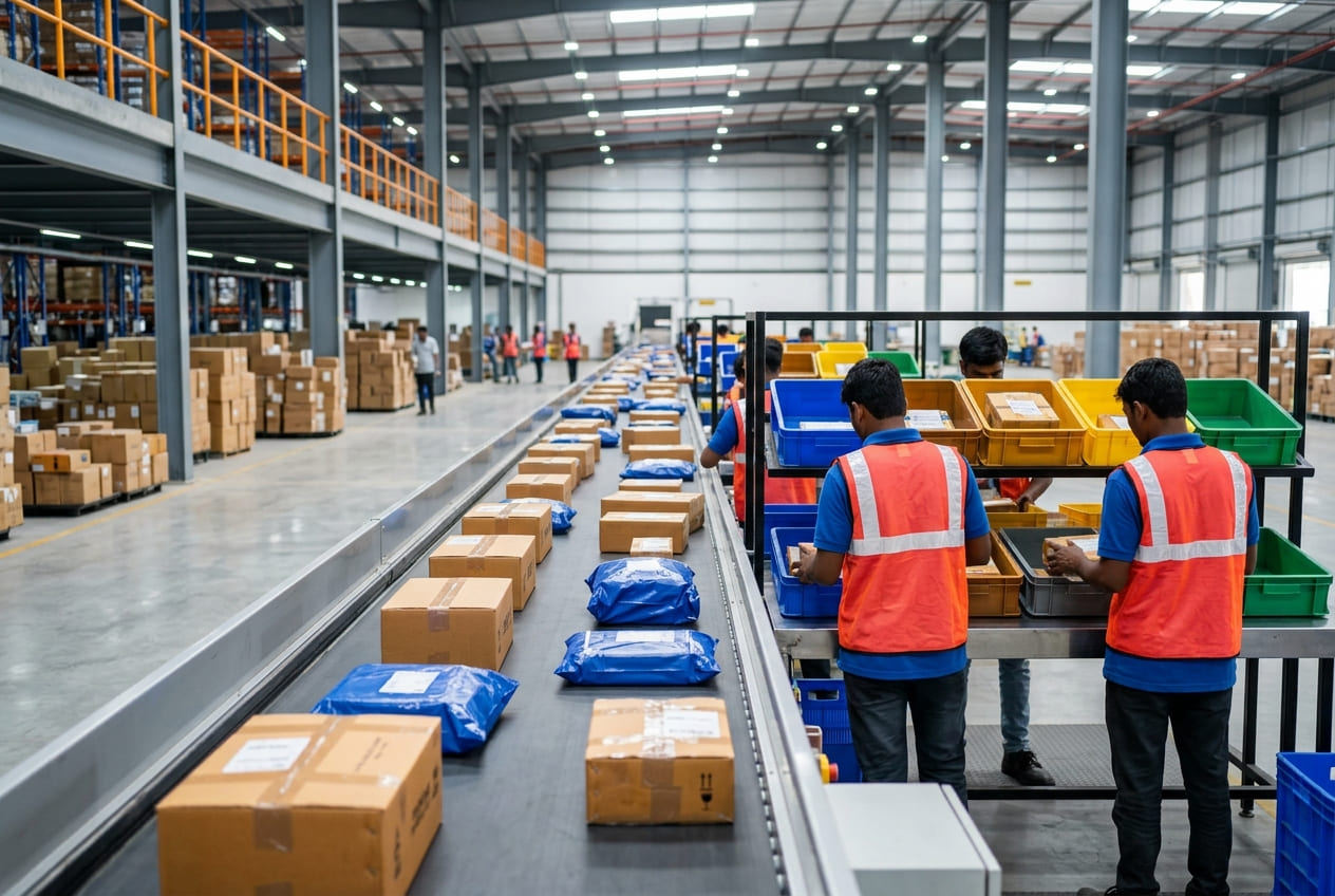 Brown cartons and blue poly mailers moving along a conveyor in a parcel sorting hub, with workers in orange hi-vis vests sorting by hand.