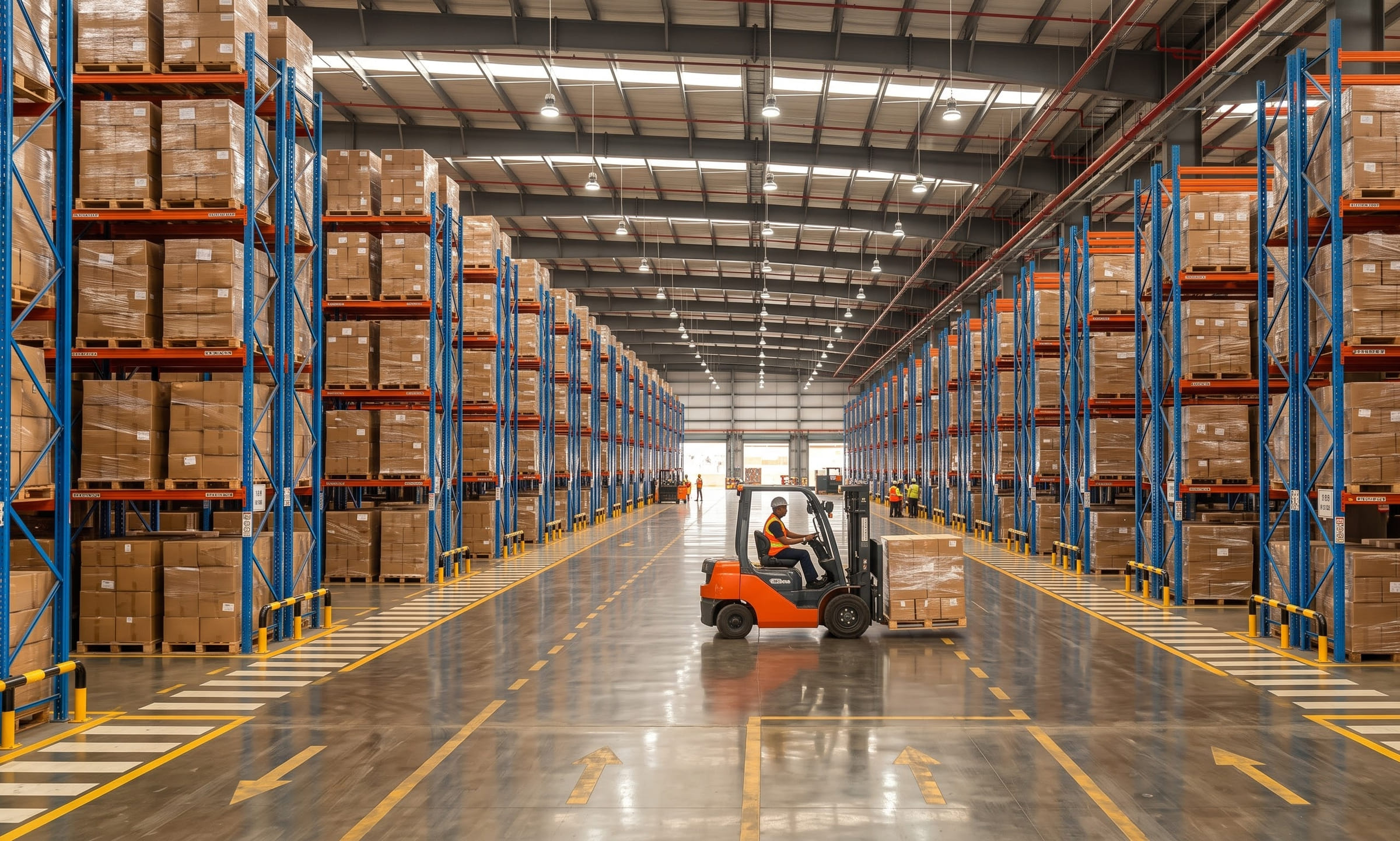 The aisle of a clean high-bay warehouse with blue steel racking, palletised cartons, an orange forklift and yellow lane markings on the floor.